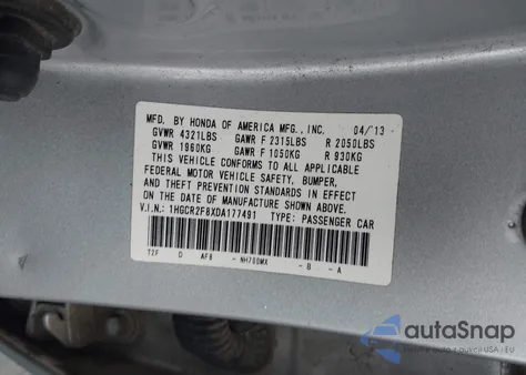 2013 Honda Accord Sdn Ex-L from USA, damaged, VIN 1HGCR2F8XDA177491